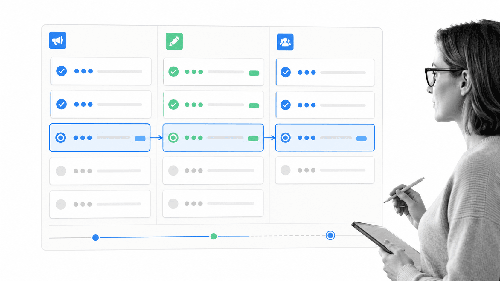 Textless marketing handoff board with a black-and-white operations lead for a GitLab marketing playbook lesson.