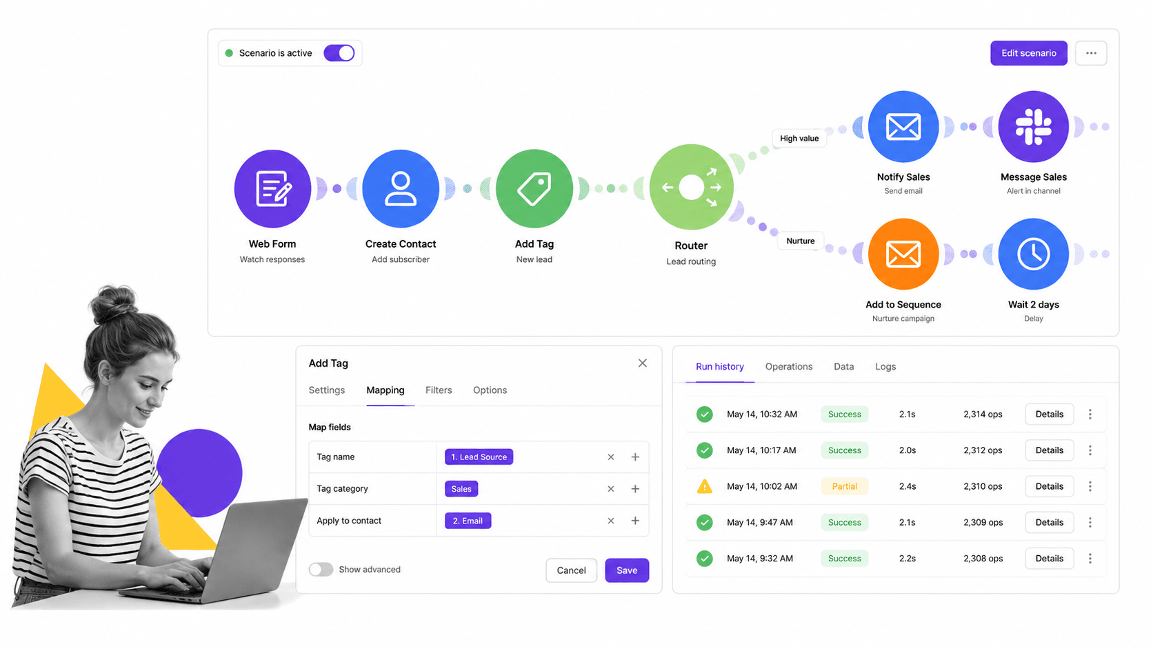 Make Microsoft Power Automate alternative product UI for visual scenario automation with branching