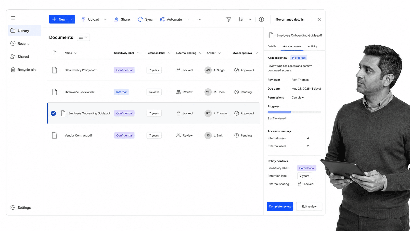 Microsoft SharePoint document library with metadata and retention controls
