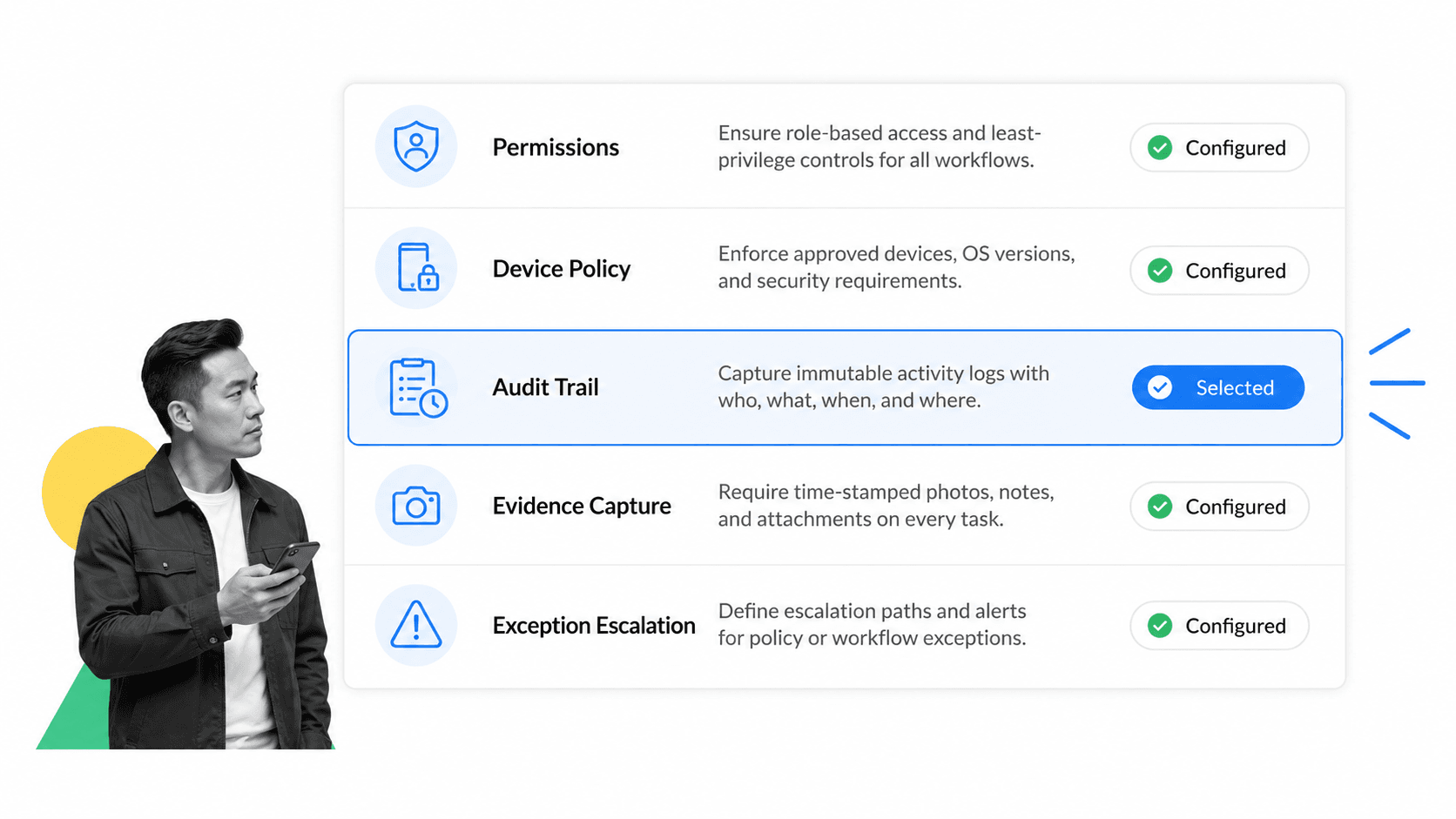 Mobile workflow software governance checklist with audit trail controls