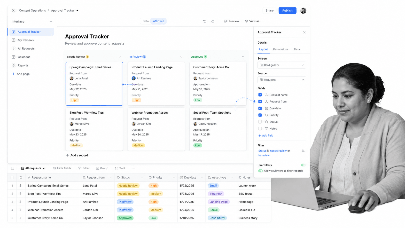 Airtable interface designer and base grid workspace