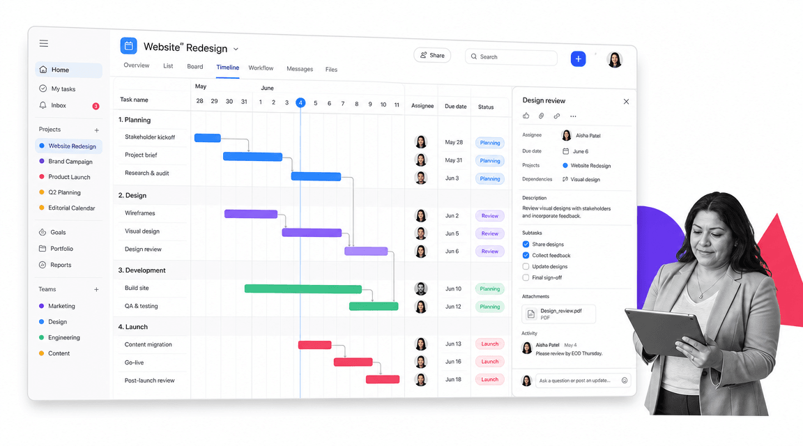Asana project timeline and task list workspace