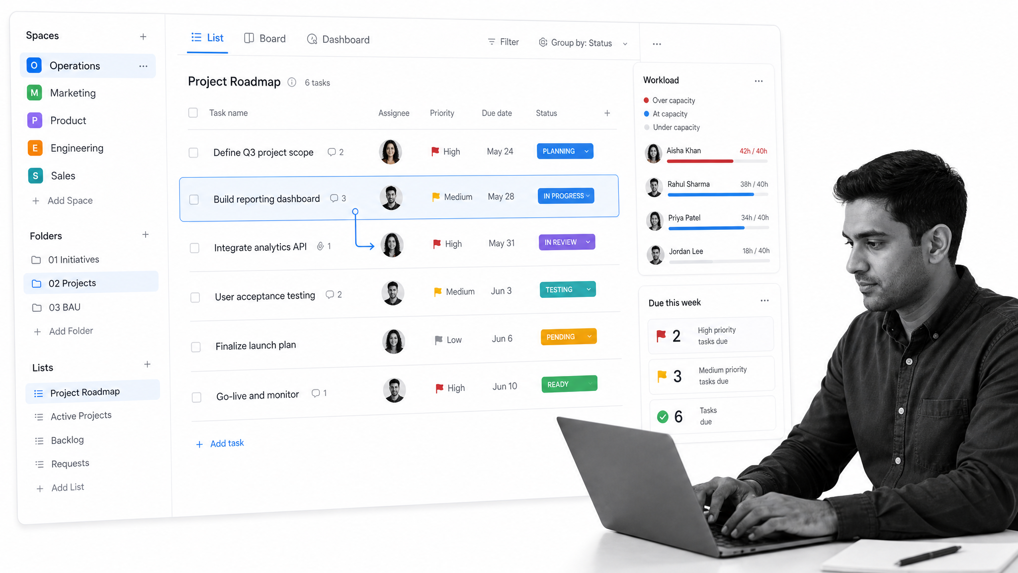 ClickUp work management UI with tasks and workload dashboard