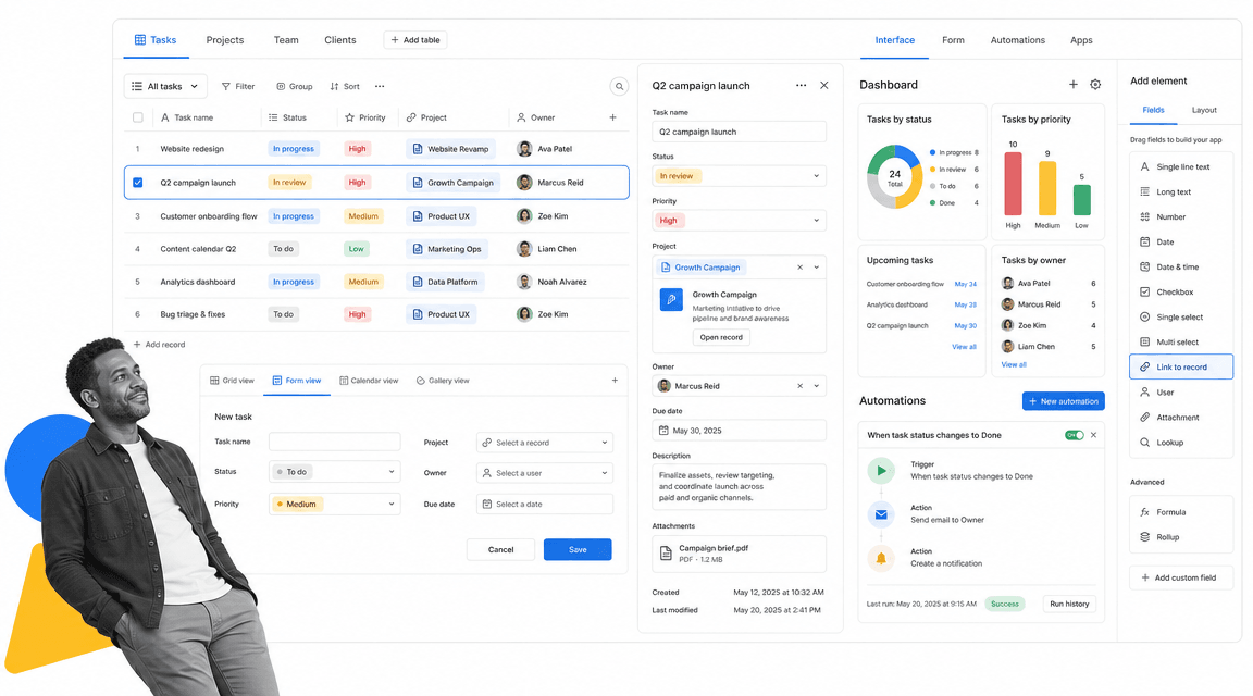 Airtable Notion alternative product UI for database-backed workflows and lightweight apps