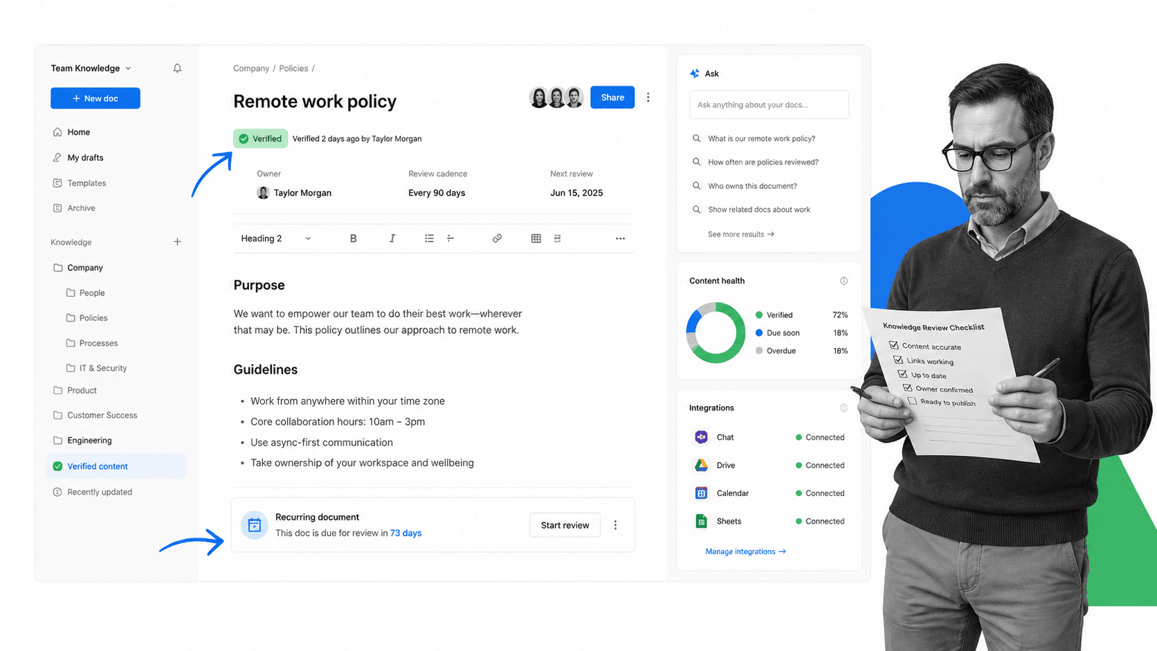 Slite Notion alternative product UI for lightweight team knowledge bases with verification