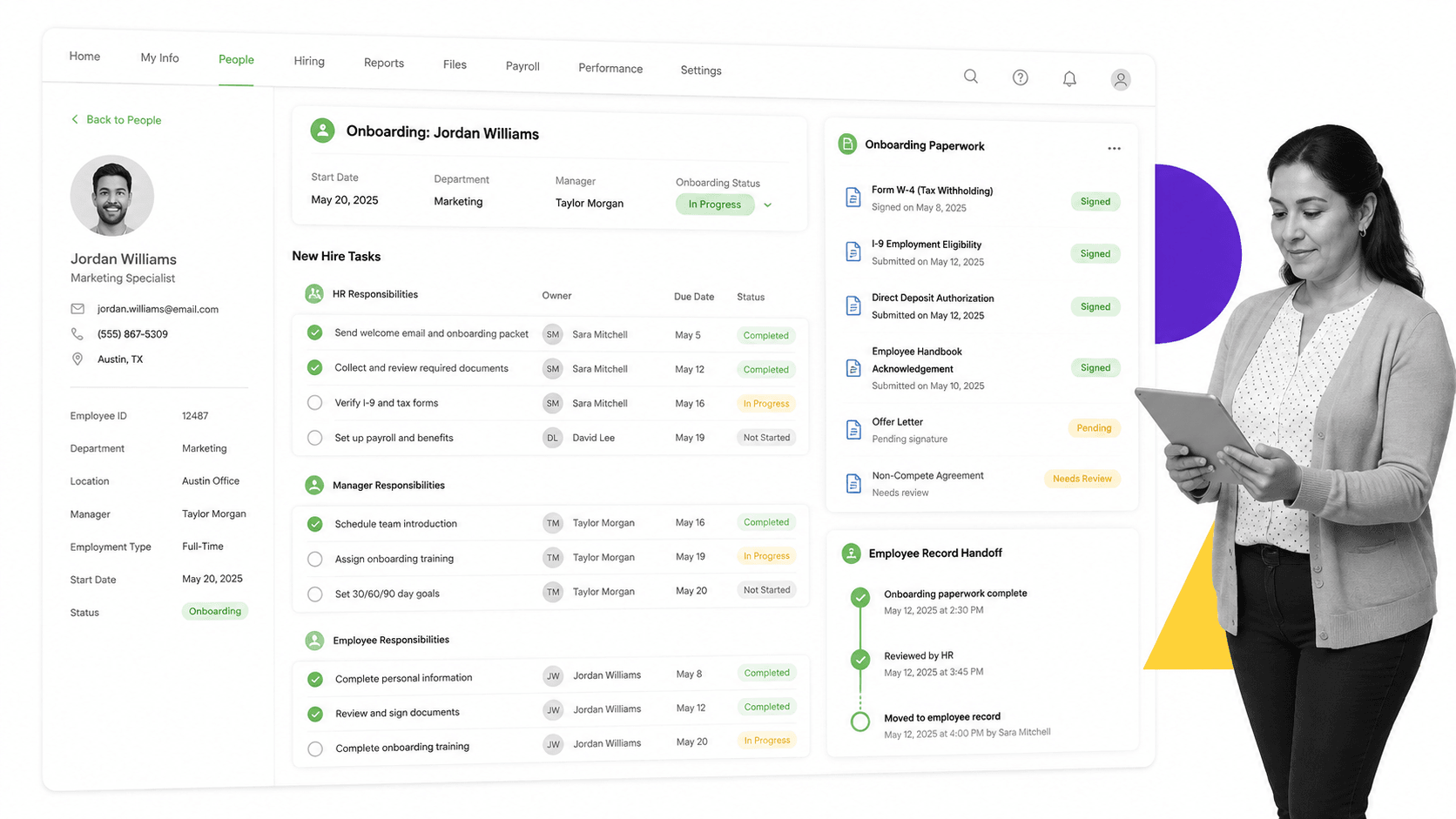 BambooHR onboarding dashboard with new-hire paperwork and task status