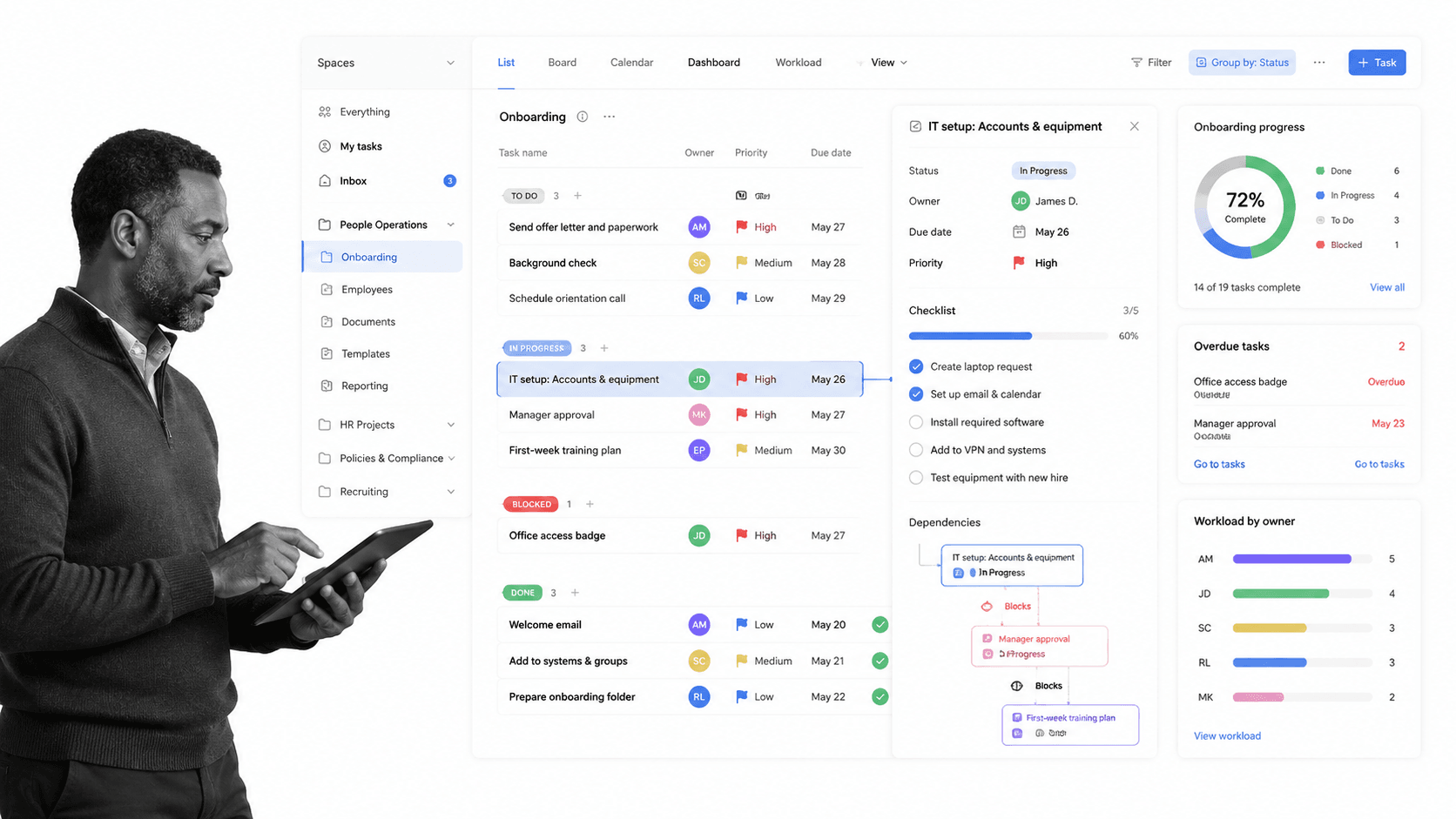 ClickUp onboarding task list with timelines, recurring tasks, and manager dashboard