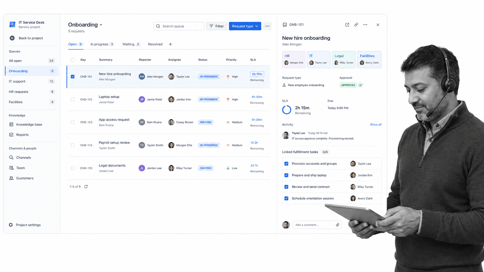 Jira Service Management onboarding request queue with HR and IT handoffs