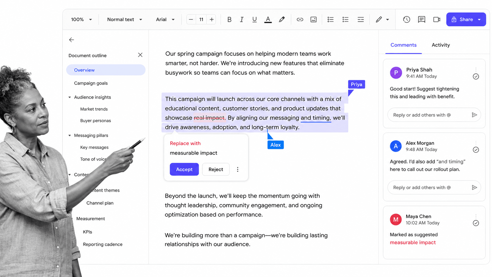 Google Docs collaborative document review surface with a black-and-white editor