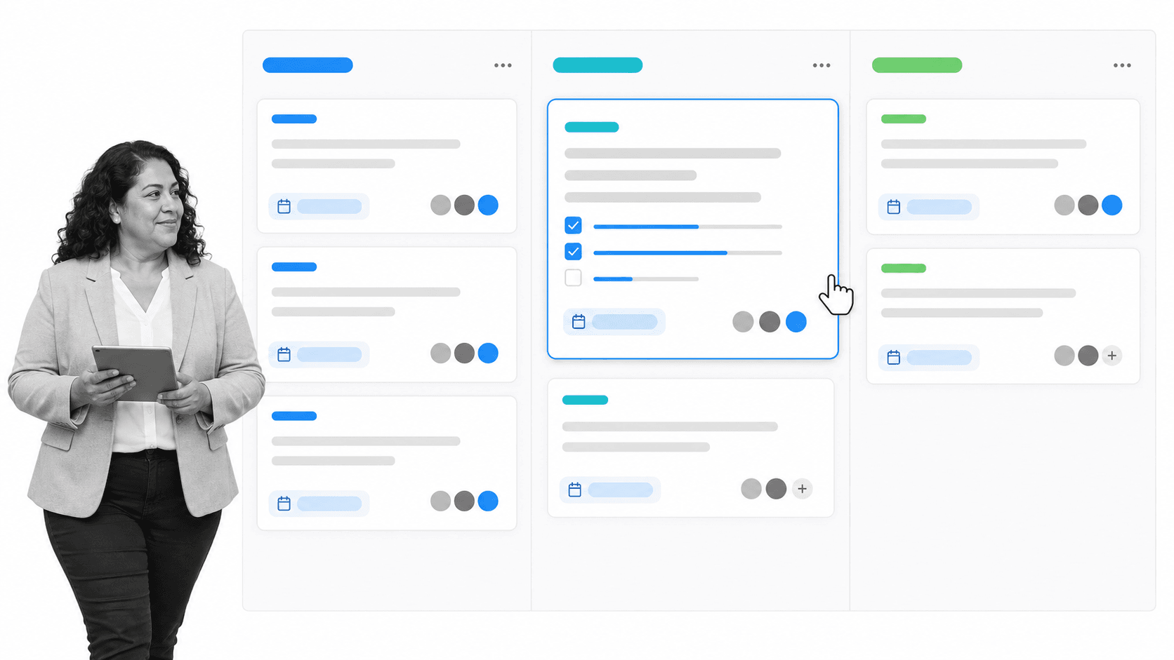 Trello-style content calendar board with a black-and-white project manager