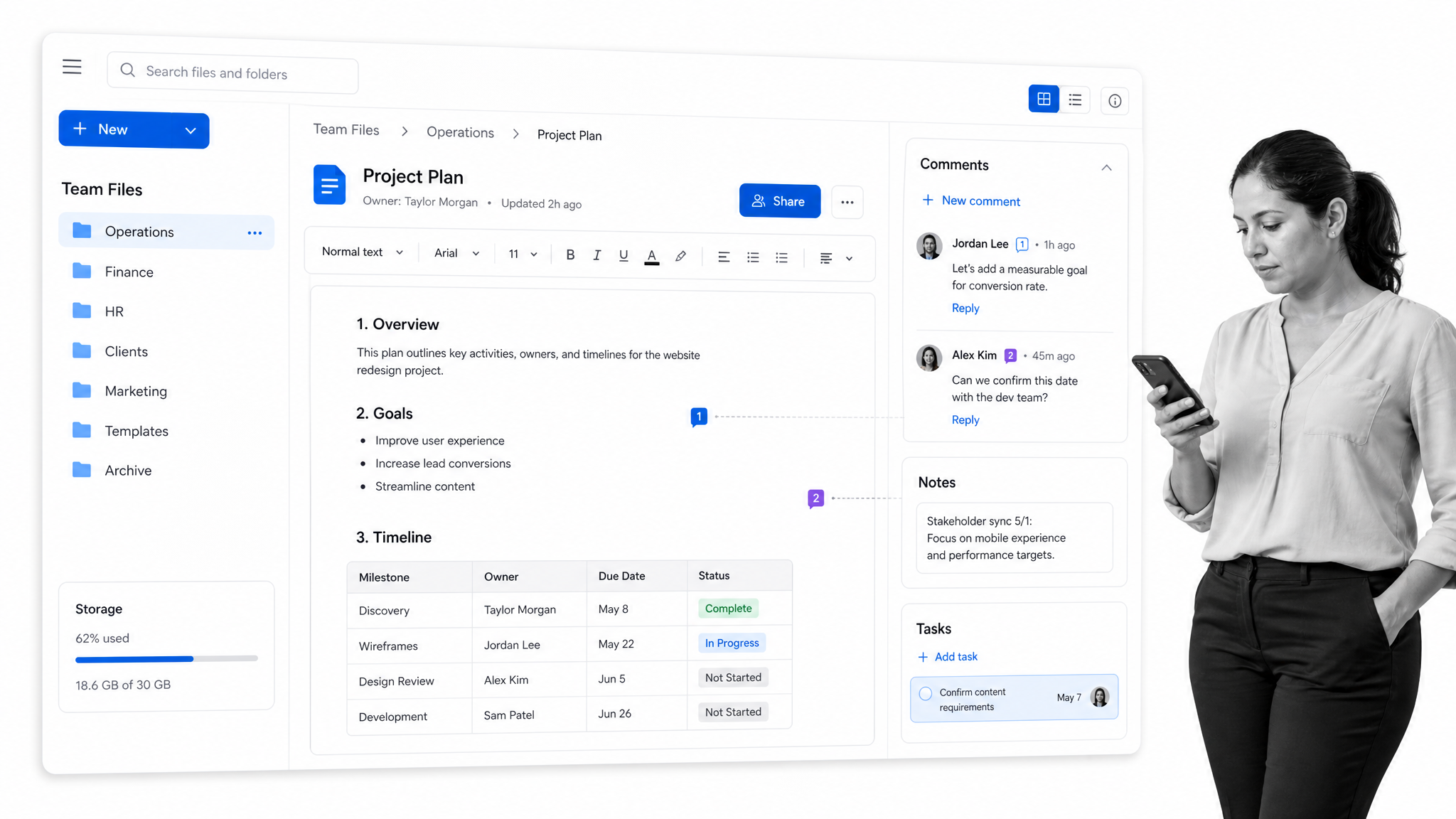 Shared cloud document workspace with comments and tasks for a paperless office