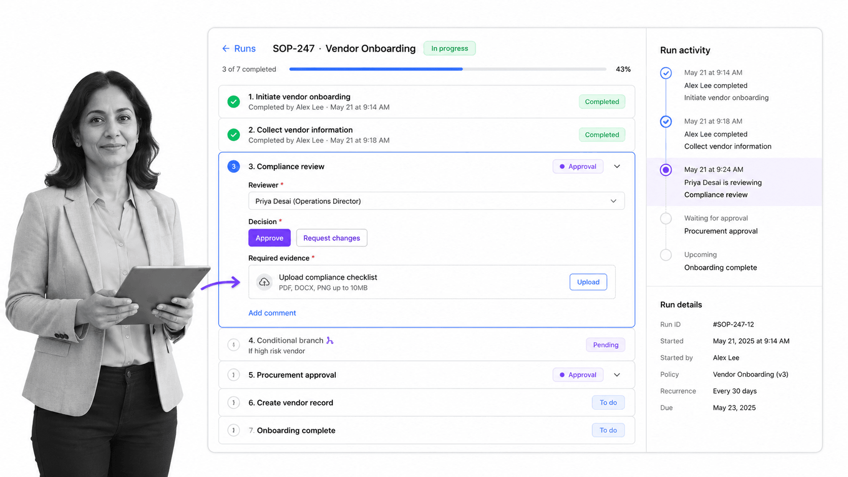 Process Street Pega alternative product UI for enforceable recurring SOP, checklist, approval, and compliance workflows