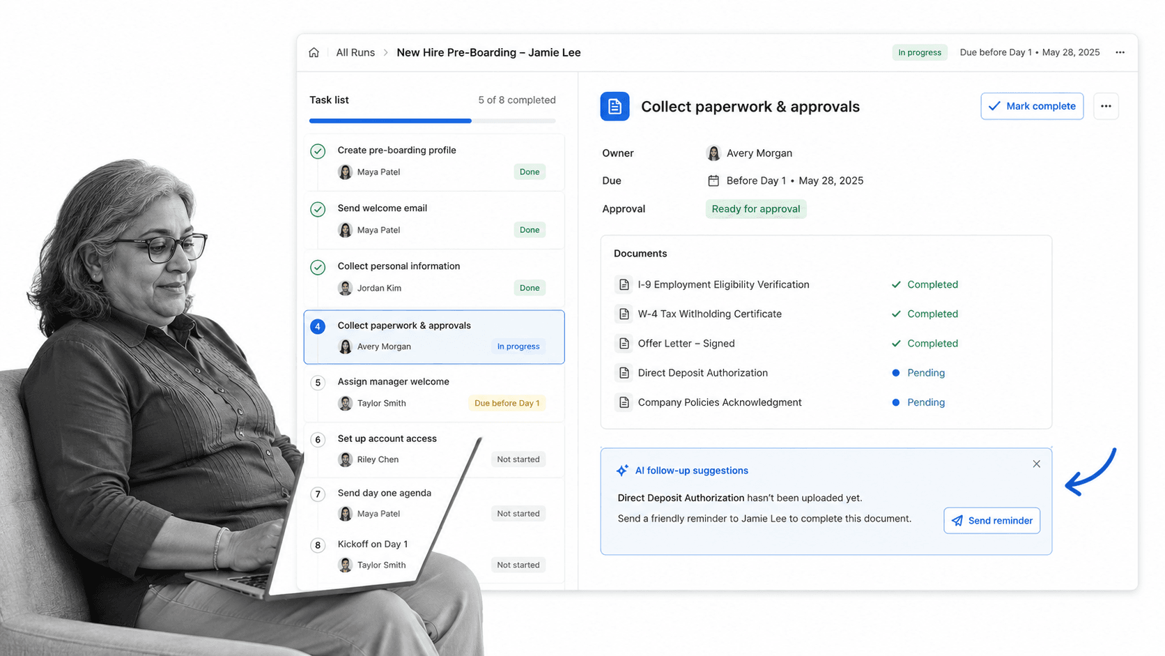 Process Street workflow run for new-hire pre-boarding tasks and approvals