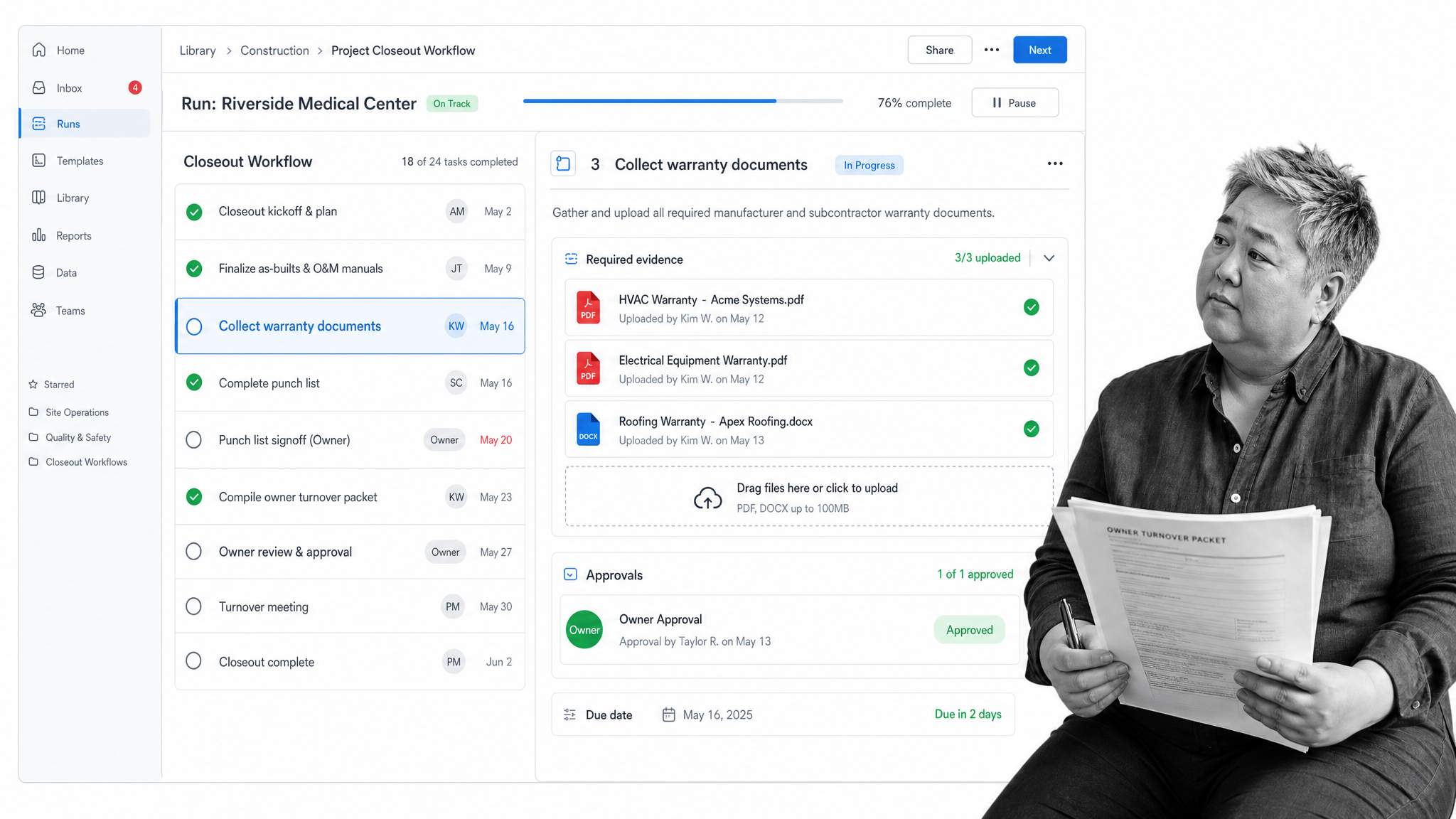 Process Street project closeout workflow with evidence upload and approval steps
