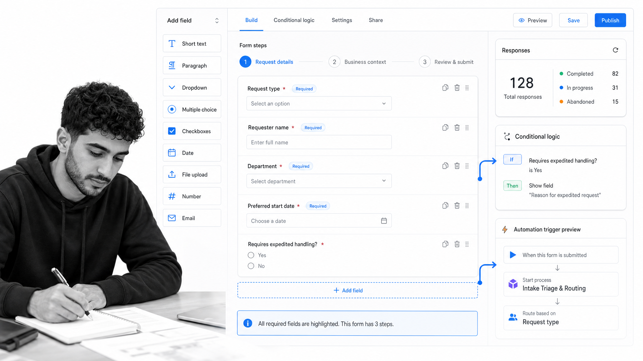 Process Street form builder showing required intake fields, conditional logic, responses, and automation trigger preview