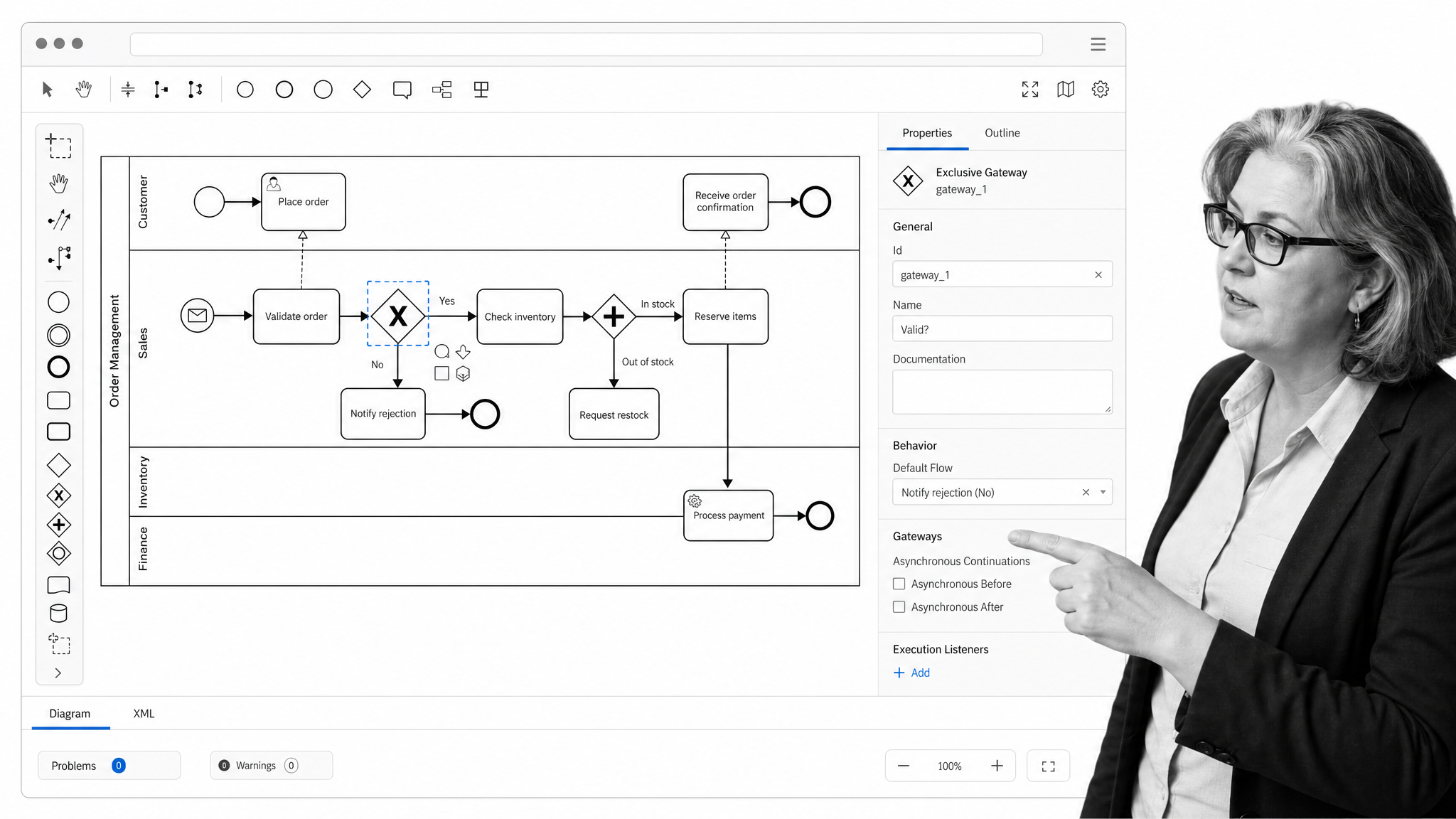 bpmn.io style BPMN modeler showing a selected gateway, BPMN symbols, and a properties panel.