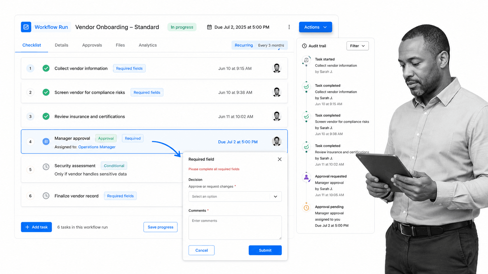 Process Street workflow run showing required fields approvals and an audit trail