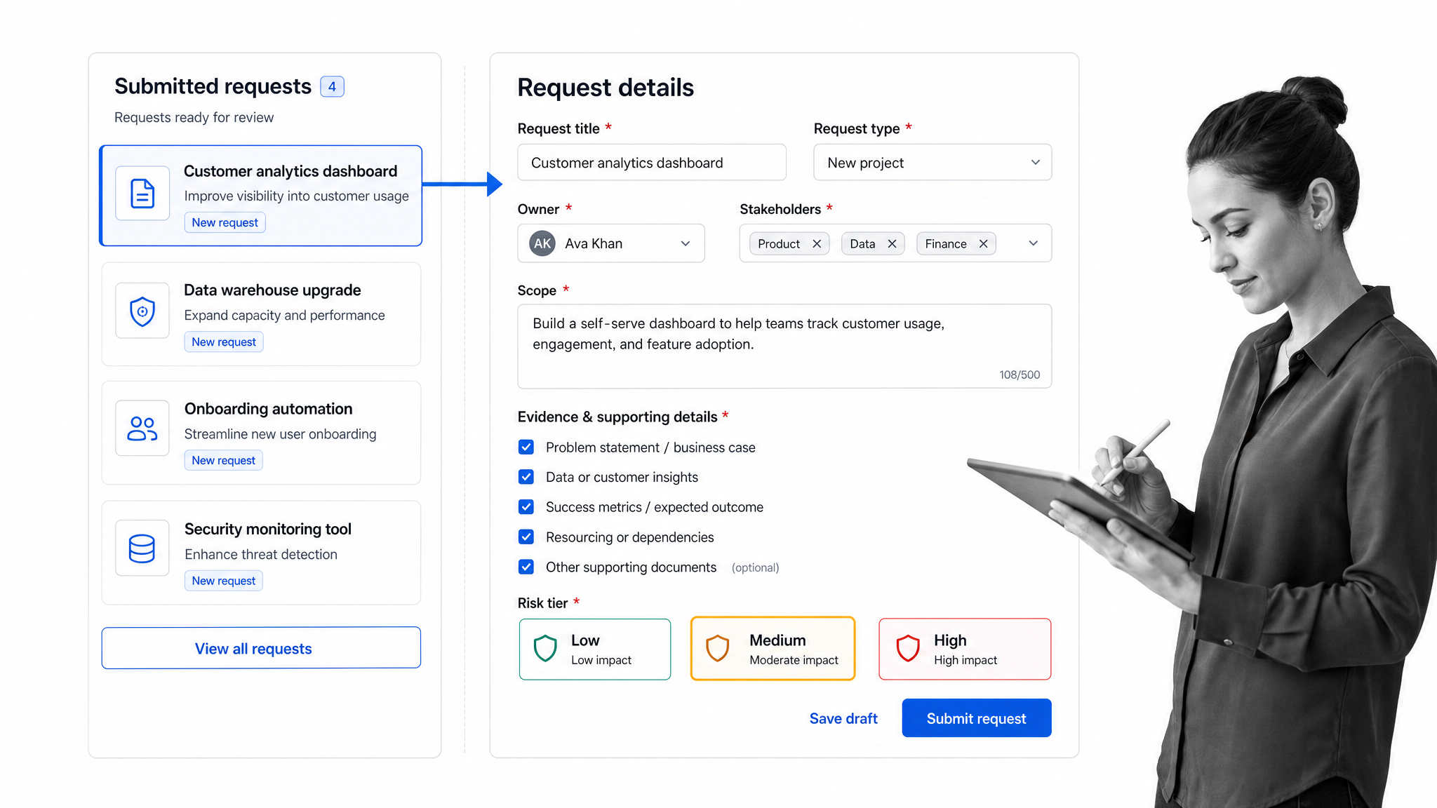 Project approval request intake form and review queue.