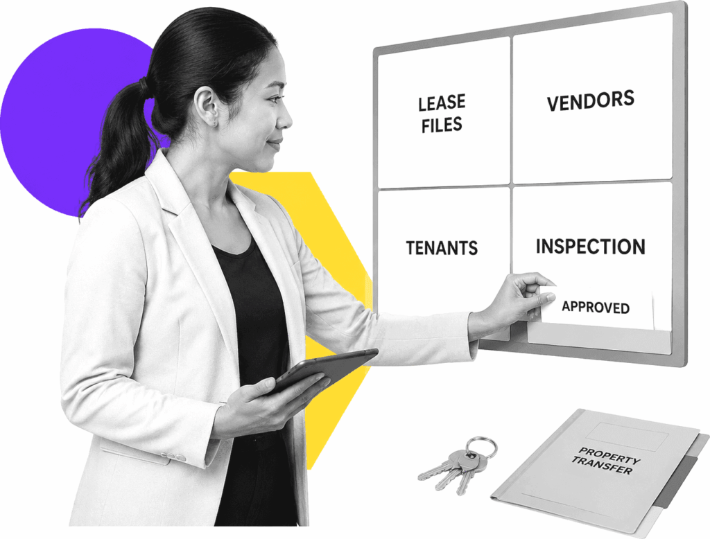 A property transition coordinator organizing labeled handoff cards on a wall board.