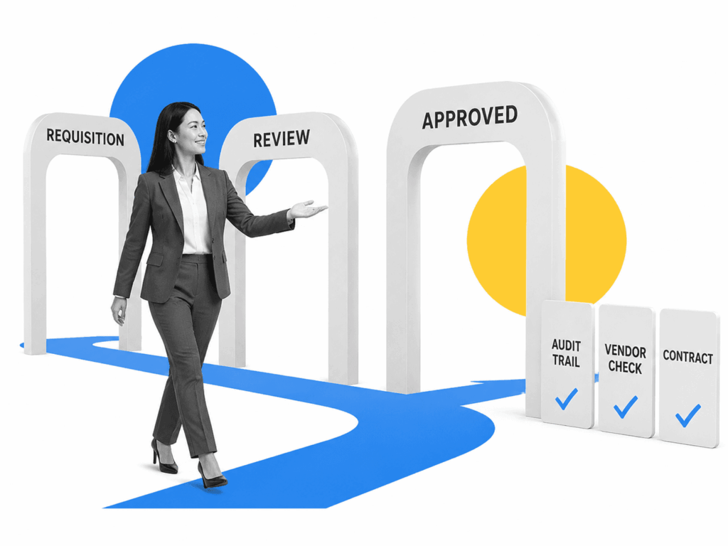 Procurement officer striding along a floor-painted approval path with labeled gates