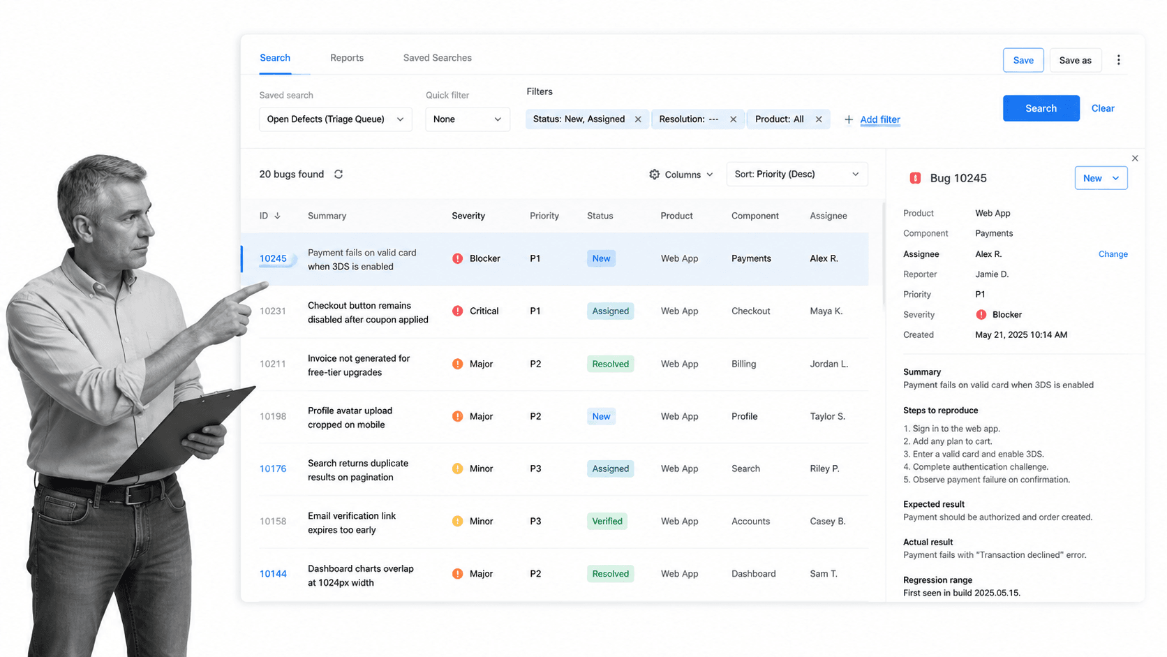 Bugzilla-style defect tracking queue with severity, status, assignee, and selected bug detail