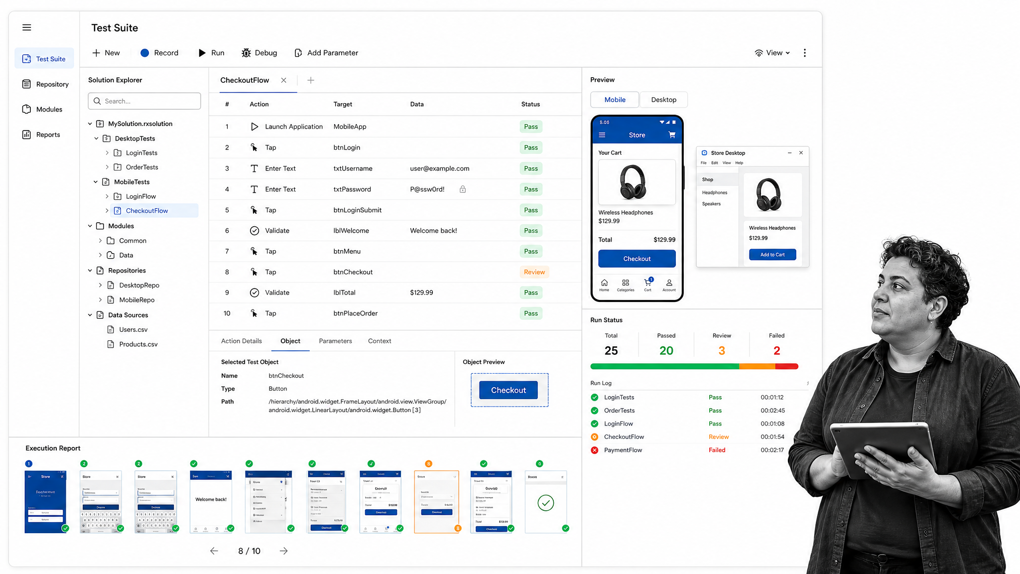 Ranorex-style GUI automation builder with repository tree, action grid, and device preview
