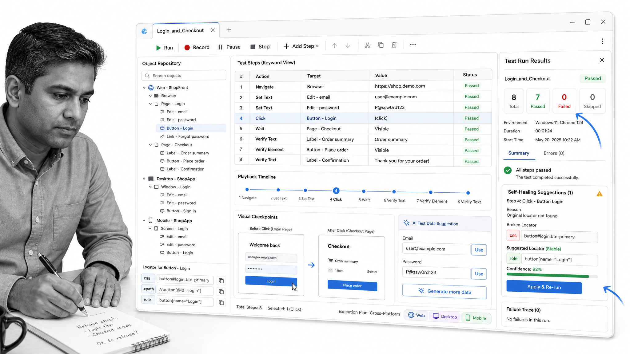 TestComplete-style low-code UI automation workspace with keyword test steps and run results