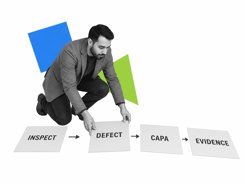 Quality manager arranging labeled quality control workflow tiles.