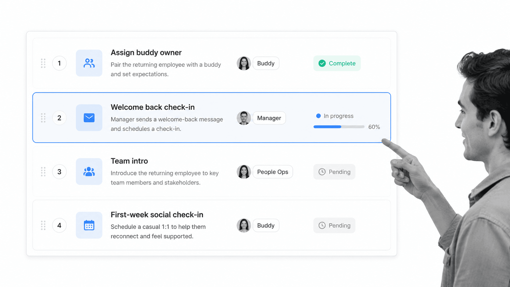 Returning employee connection checklist for rebuilding team relationships
