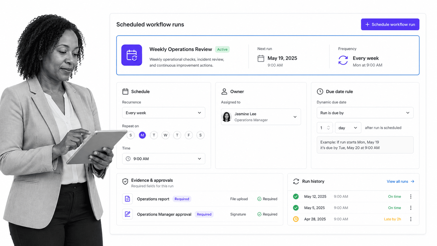 Process Street scheduled workflow runs screen for recurring tasks