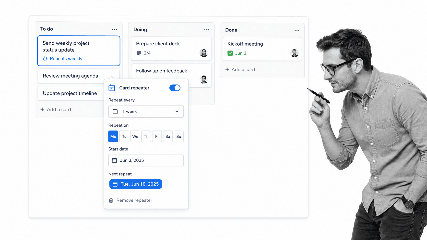 Trello Card Repeater settings for a recurring task card