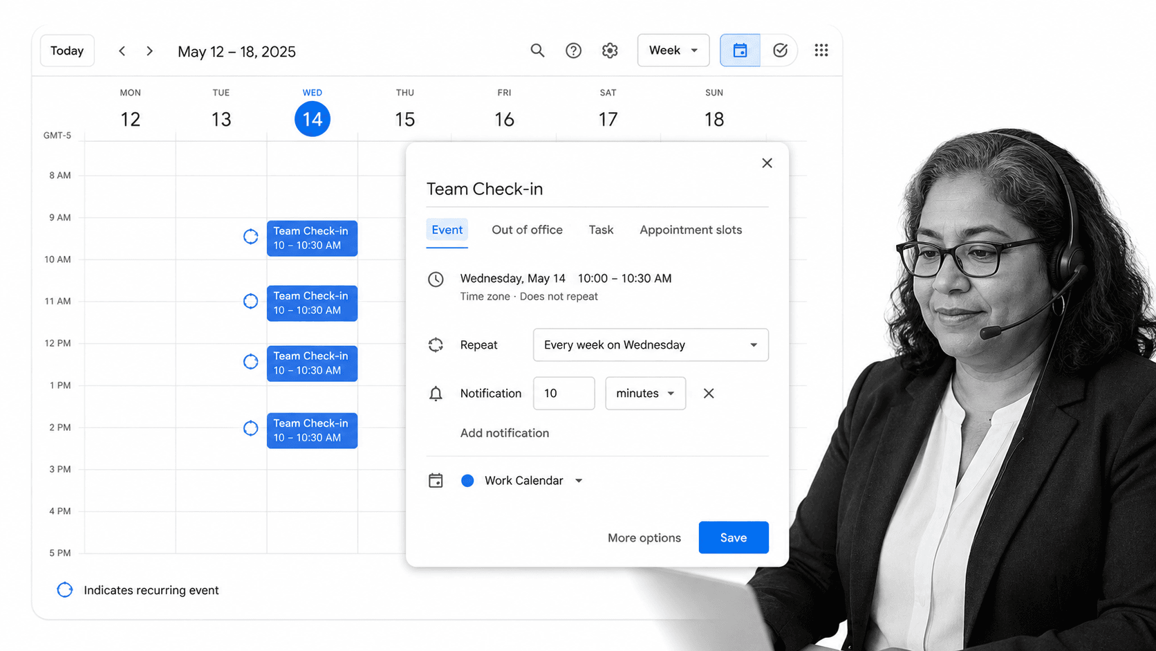 Google Calendar recurring event settings screen