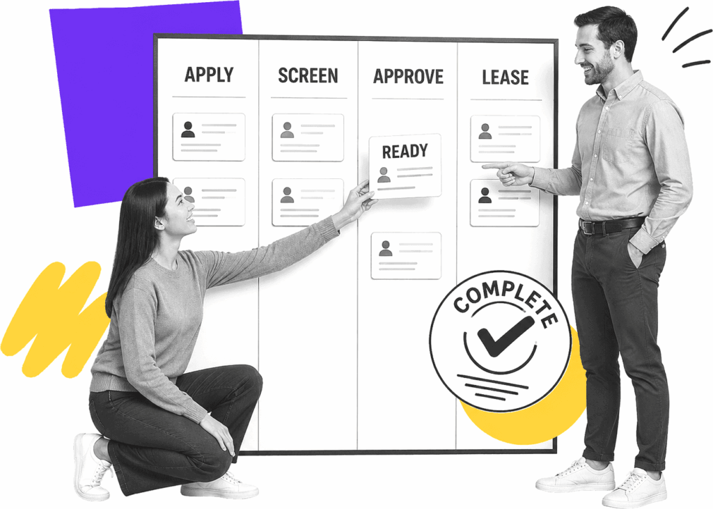 A leasing coordinator reviewing applicant files on a rental application workflow board.