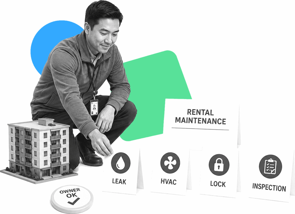 A property maintenance coordinator arranging labeled rental maintenance workflow cards.