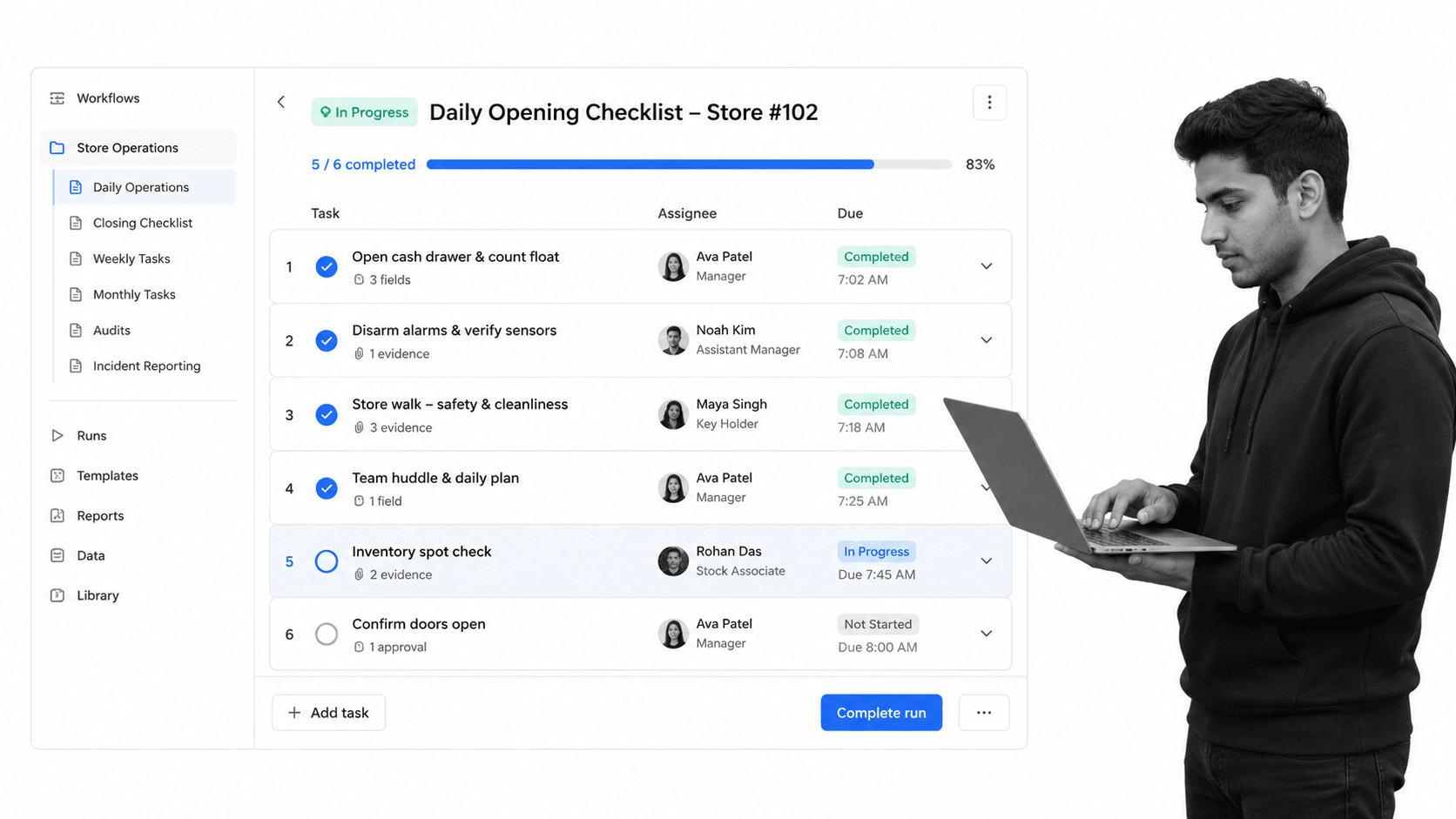 Daily store opening checklist workflow surface