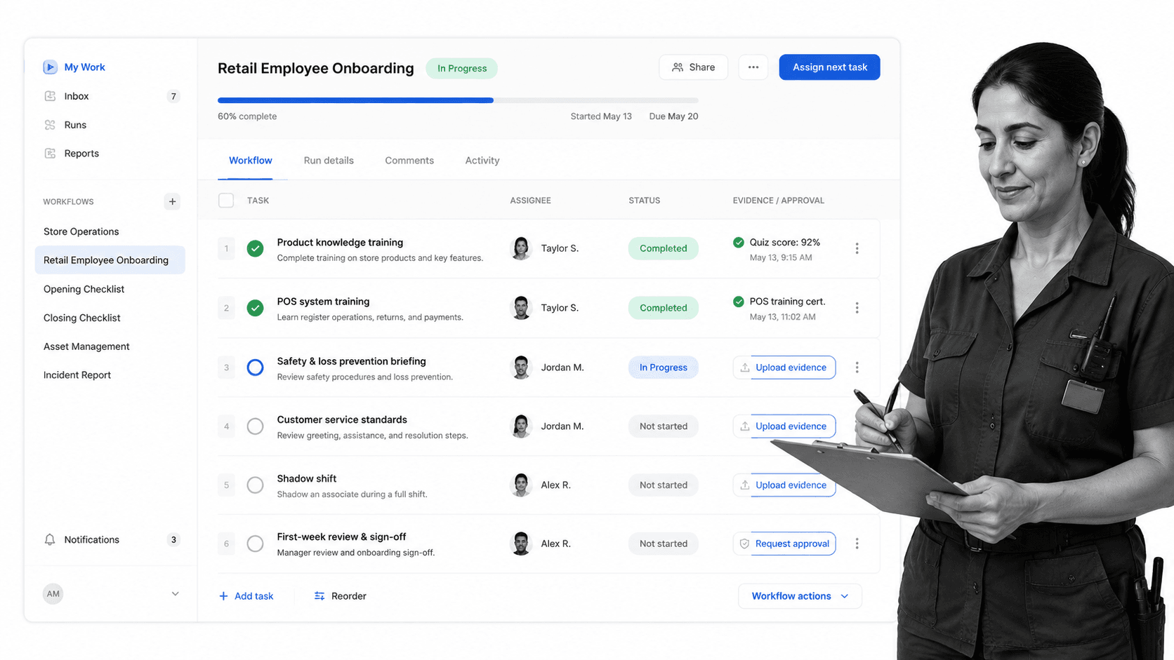 Retail employee onboarding checklist workflow surface