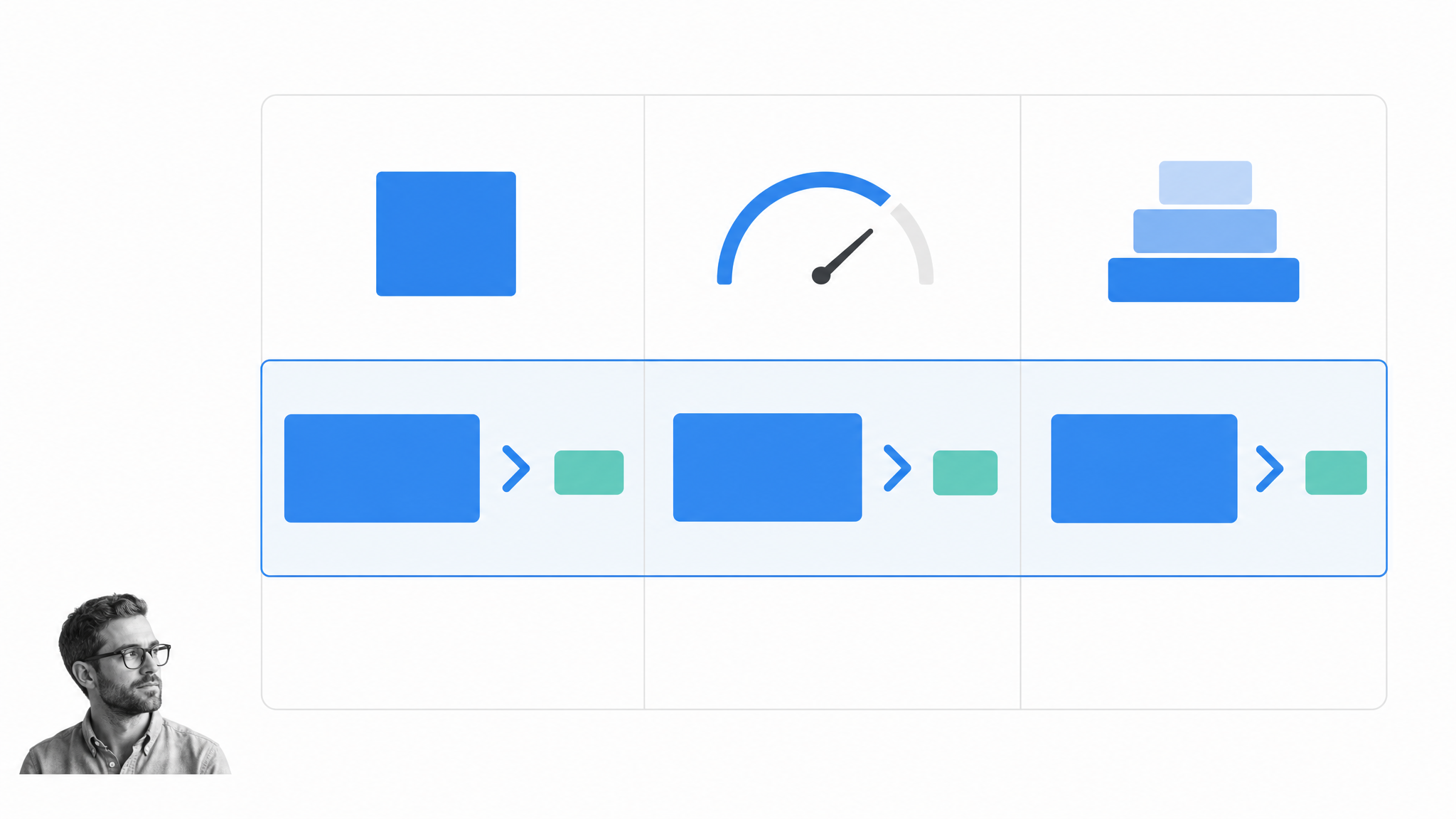 Abstract SaaS pricing workflow with a black-and-white analyst reviewing modular pricing blocks on a white background