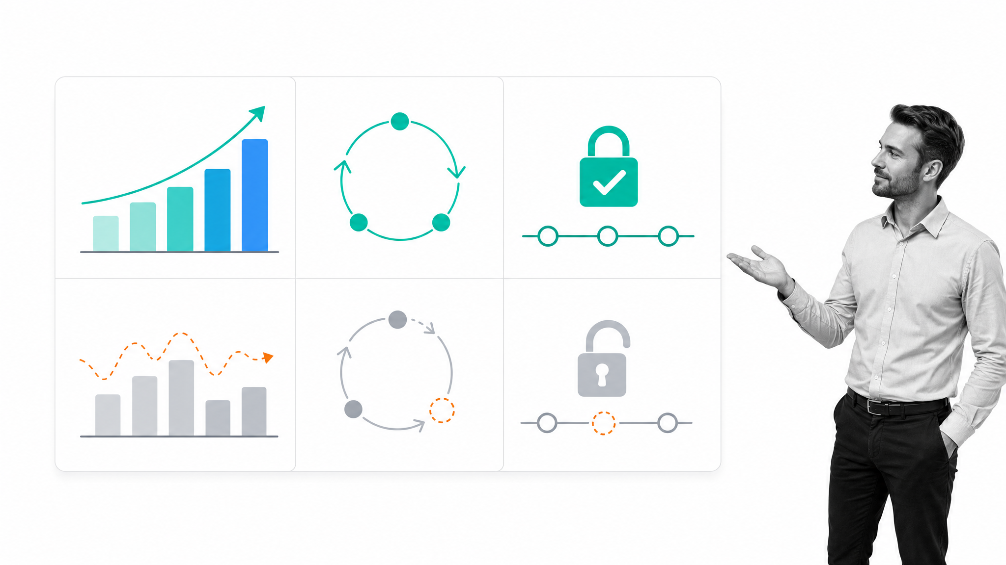 Annual billing retention dashboard with a black-and-white operator presenting SaaS subscription signals on a white background