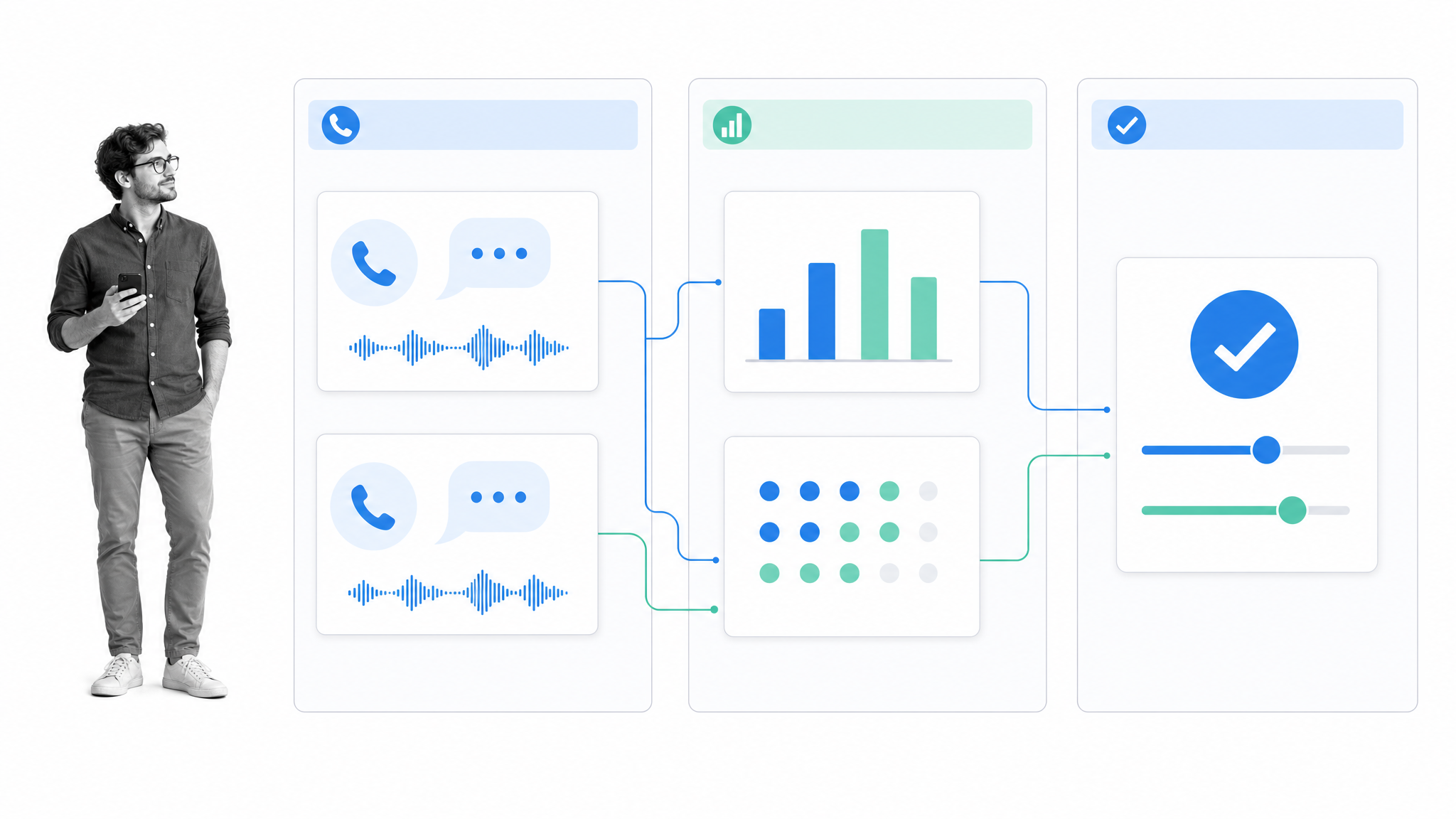 Customer feedback and pricing decision cards with a black-and-white product leader at the edge on a white background