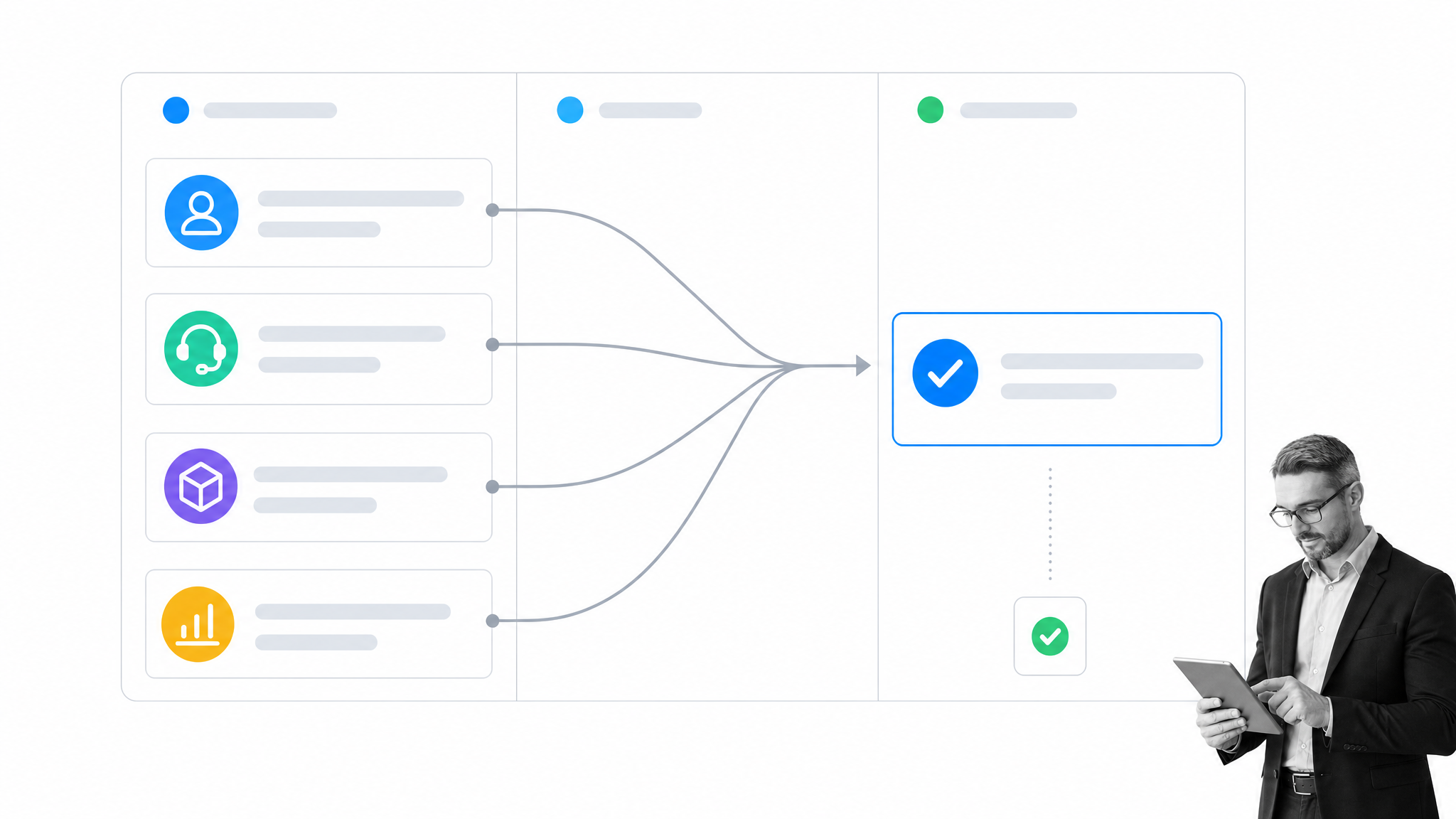 Cross-functional SaaS pricing inputs converging on a decision card with a black-and-white team leader on a white background