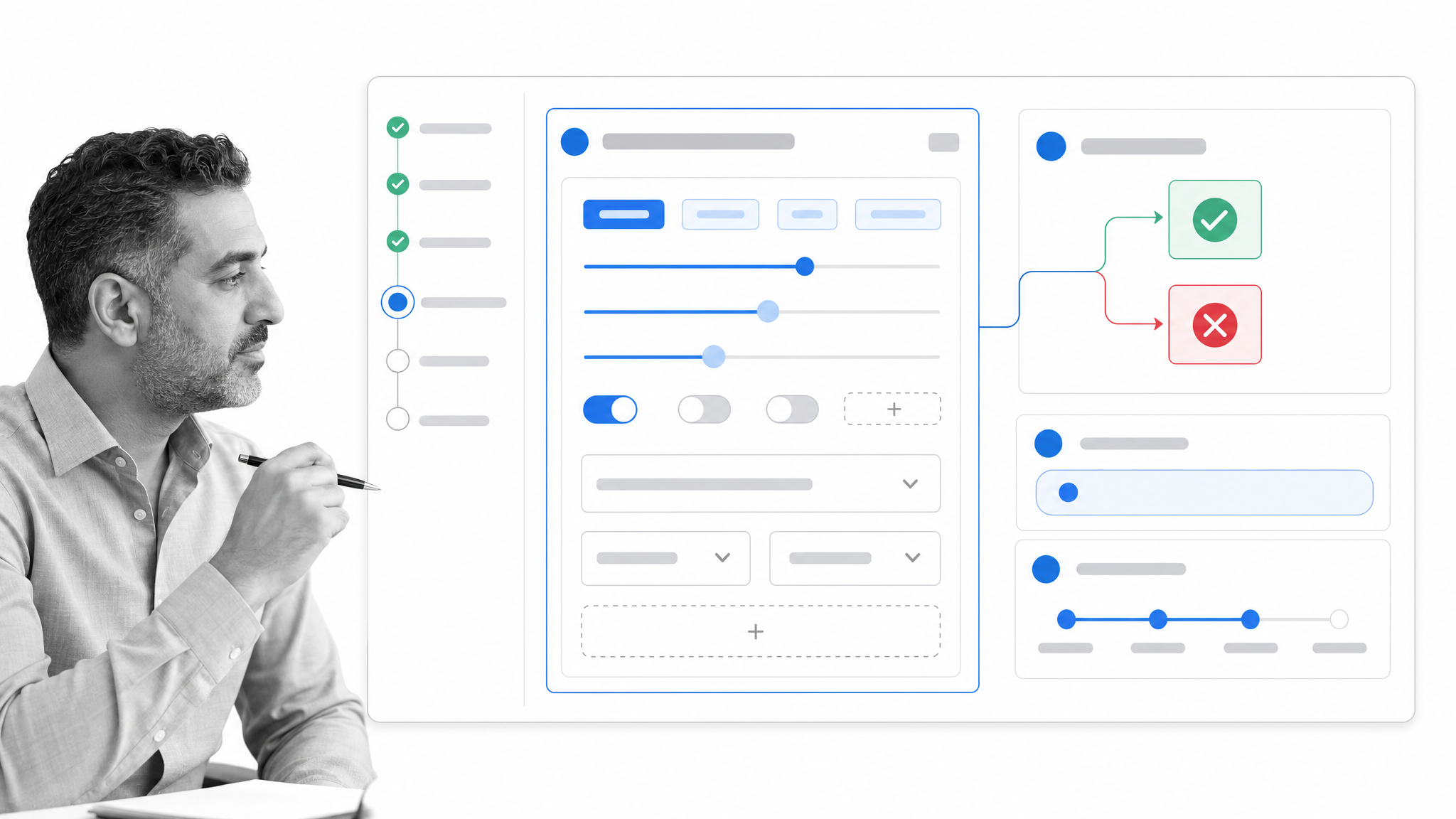 SaaS pricing intelligence checklist and decision controls with a black-and-white strategist on a white background