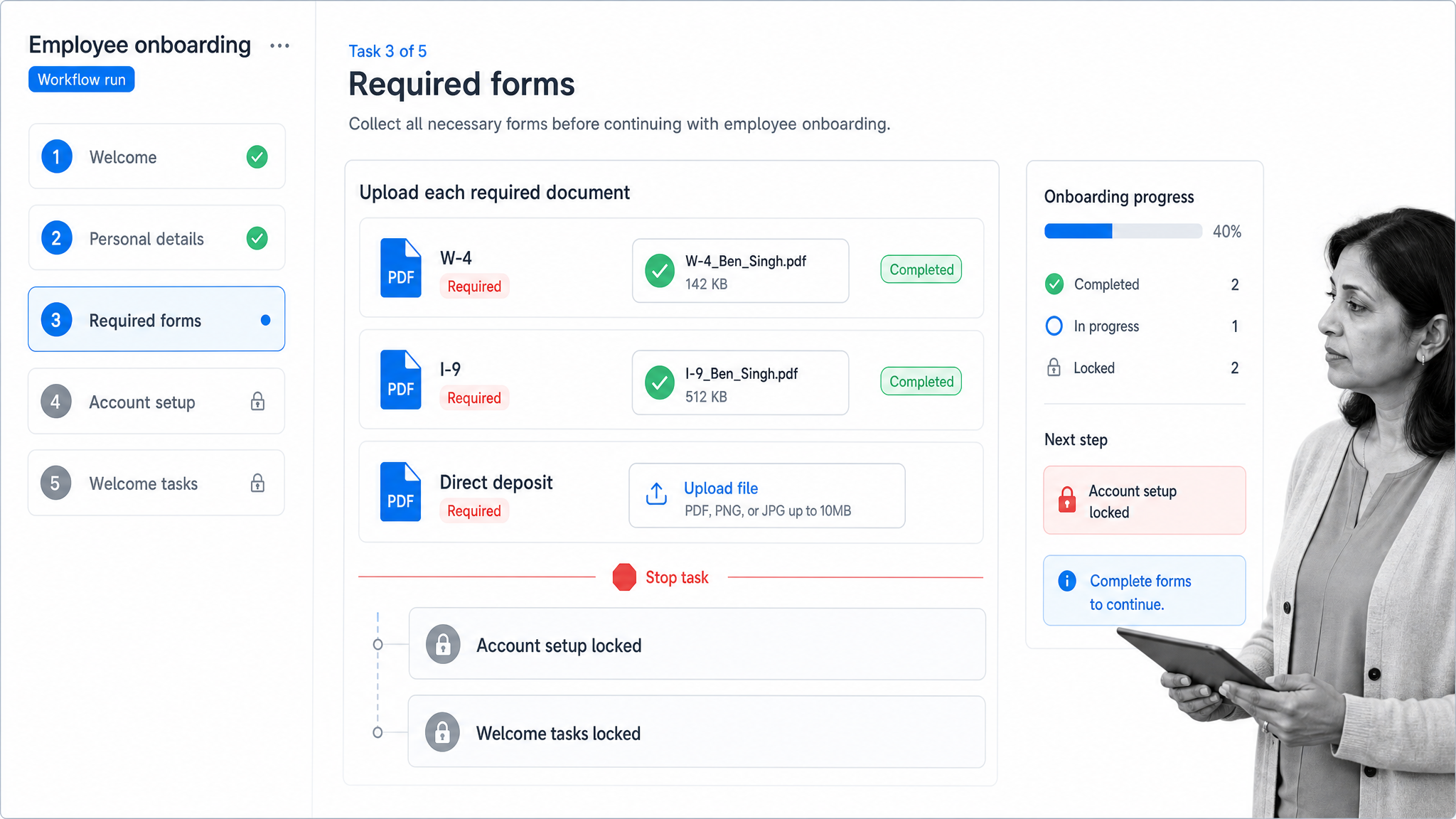 Process Street employee onboarding workflow showing required forms and upload fields blocking account setup and welcome tasks.