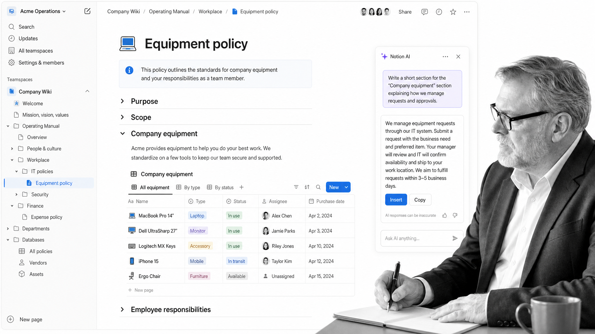 Notion workspace showing a wiki document with a linked database and an AI assist panel