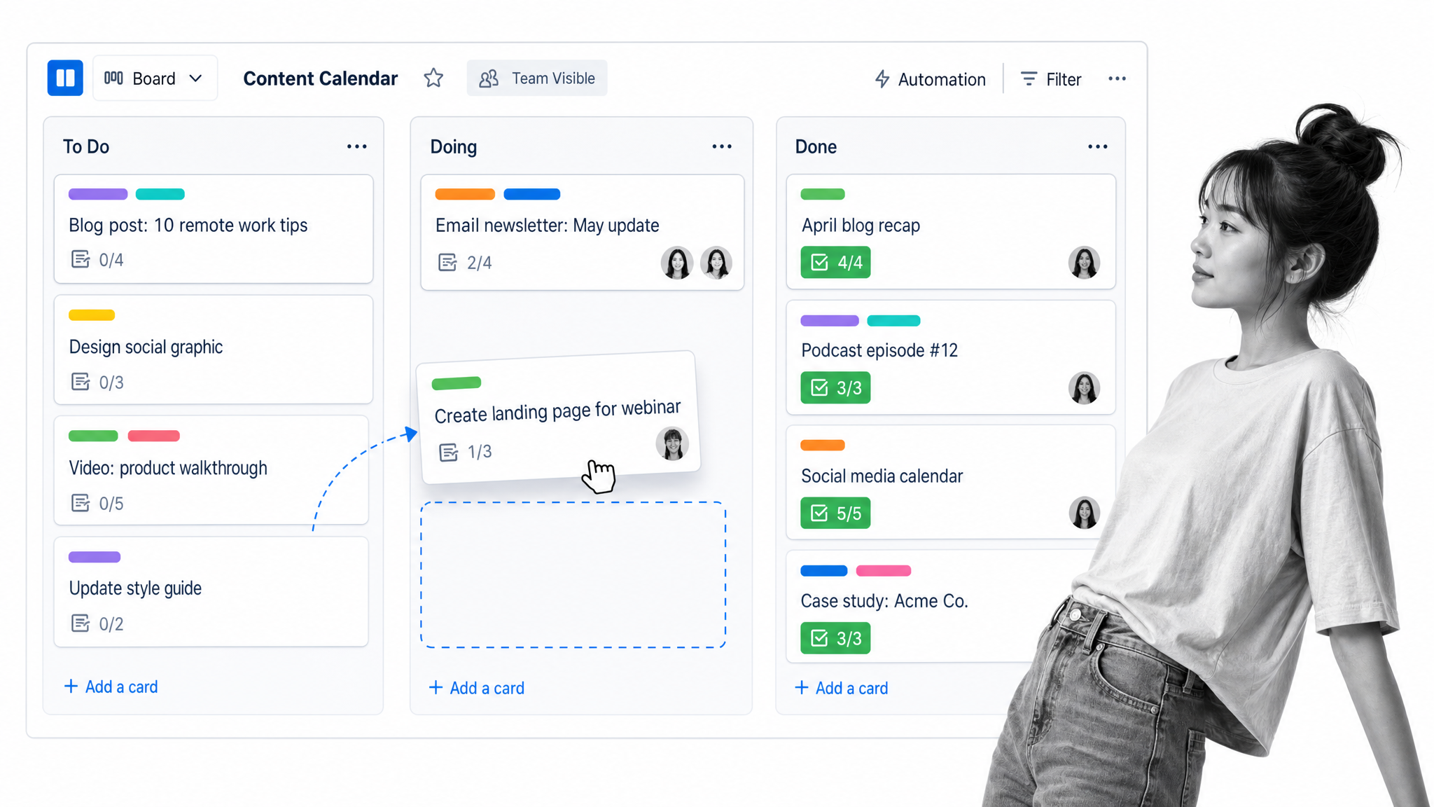 Trello Kanban board with vertical lists and cards being organized