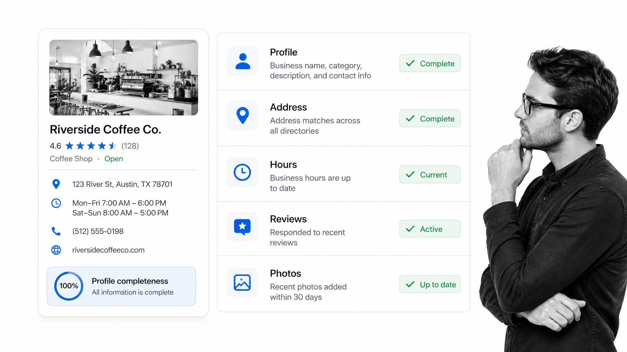 Local listing visibility checklist for profile, address, hours, reviews, and photos