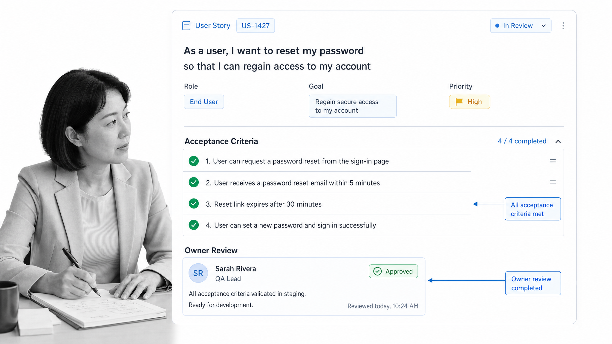 User story template with acceptance criteria checklist