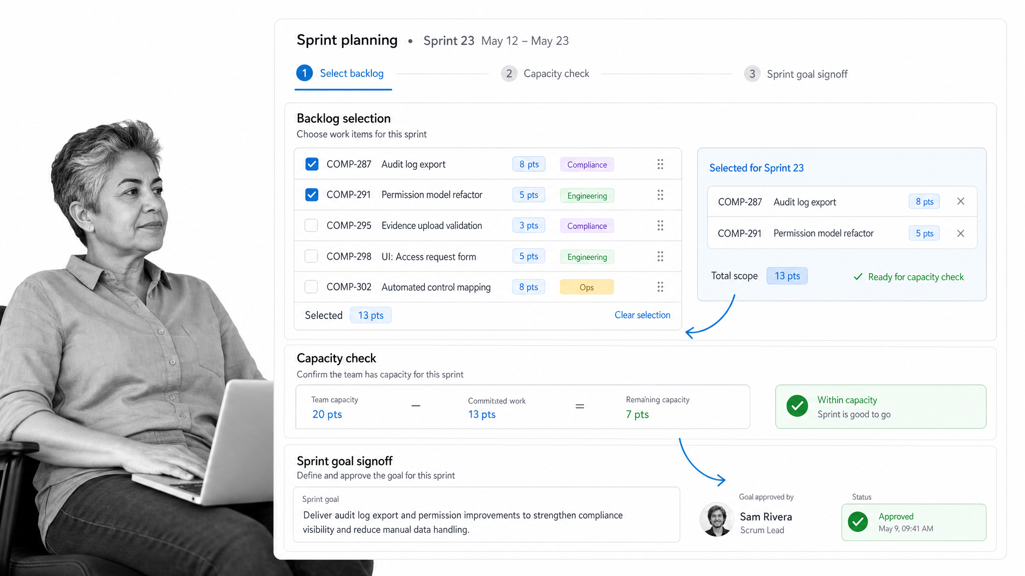 Sprint planning board with backlog and capacity check