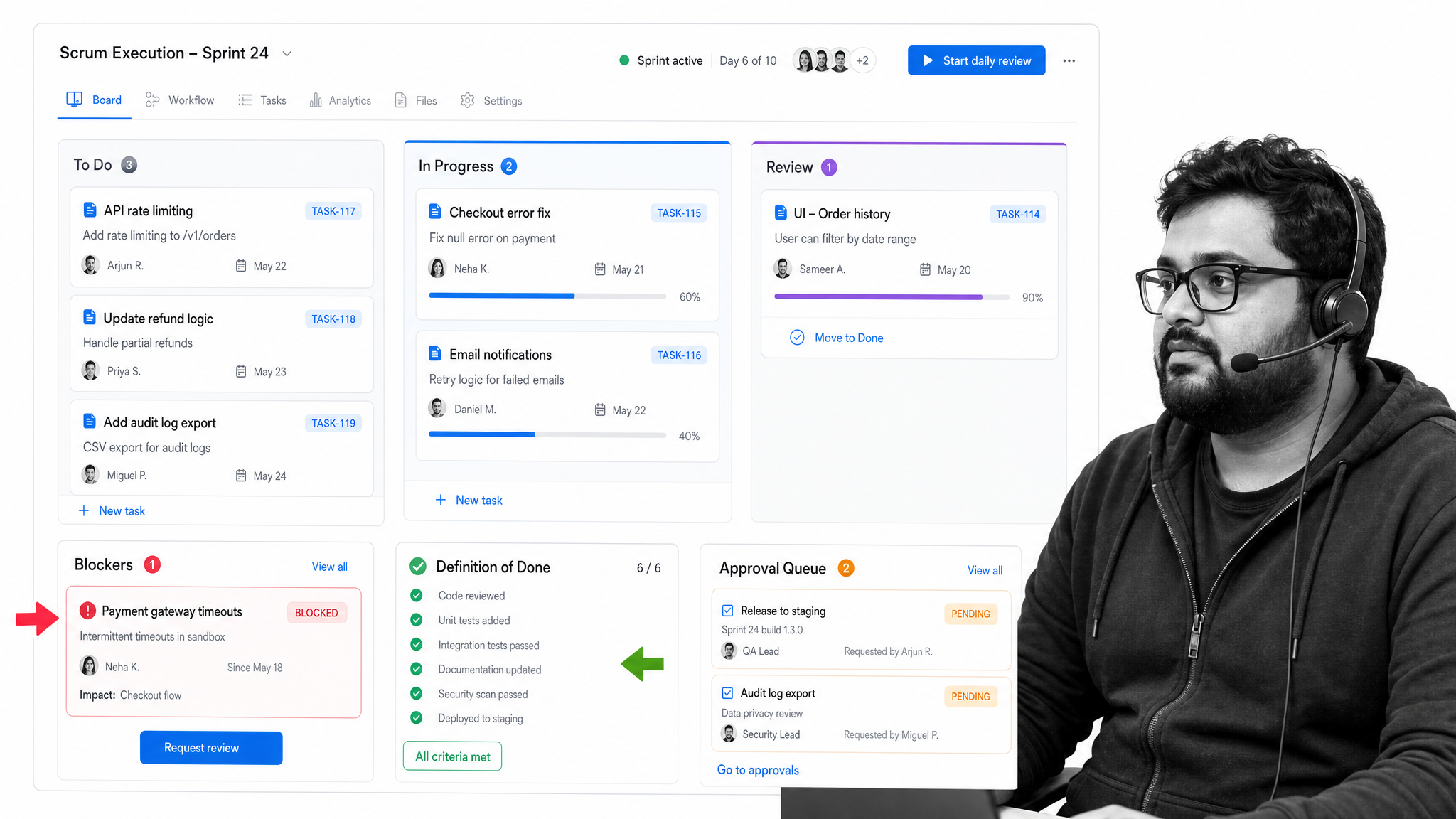 Scrum project management board with blockers and approvals