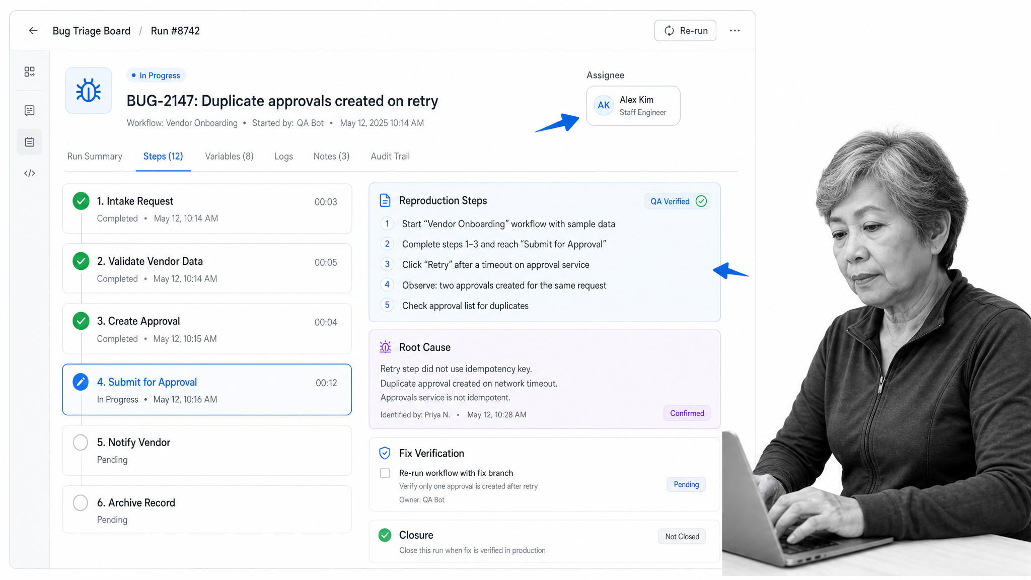 Software debugging workflow with root cause and fix verification