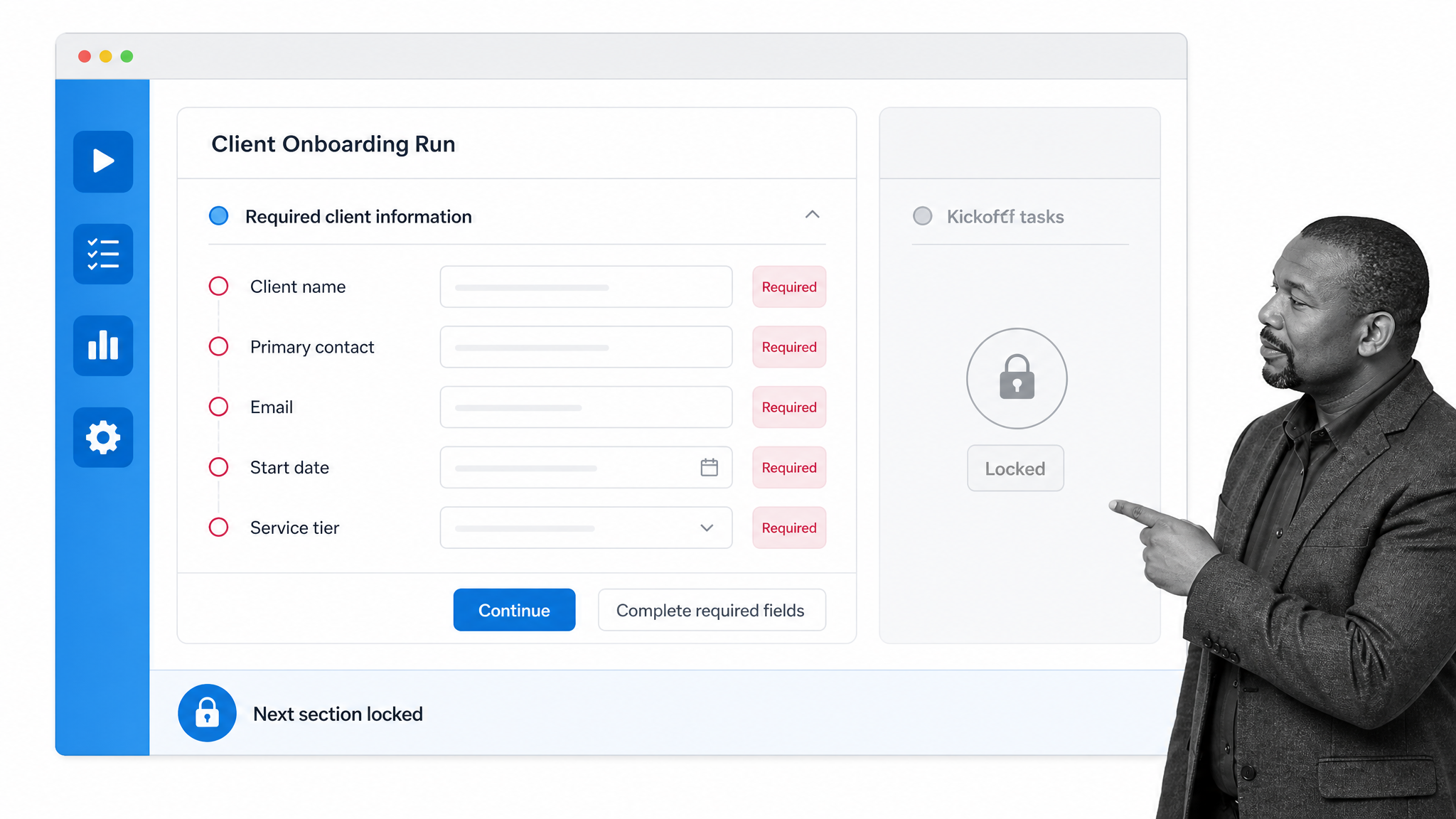 Process Street client onboarding workflow run showing required information fields locking the next section.